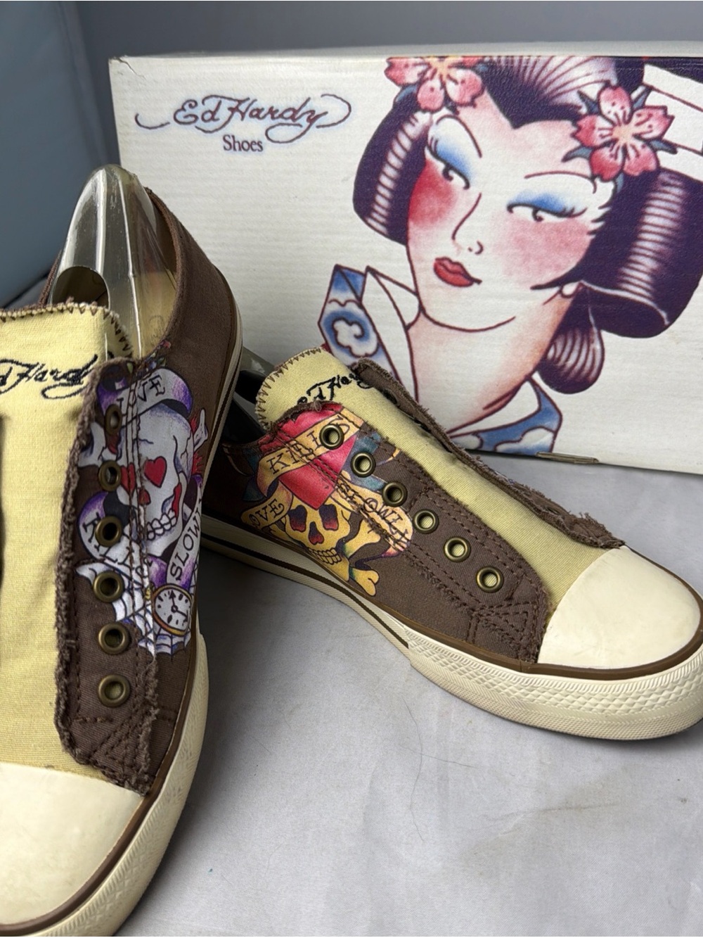Vintage Ed Hardy Love Kills Chocolate Women’s Slip On Shoes Size 9 With Box